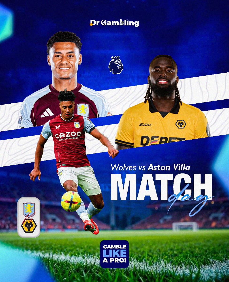 Wolves vs Aston Villa Premier League match graphic featuring Tolu Arokodare and Watkins at Molineux Stadium.